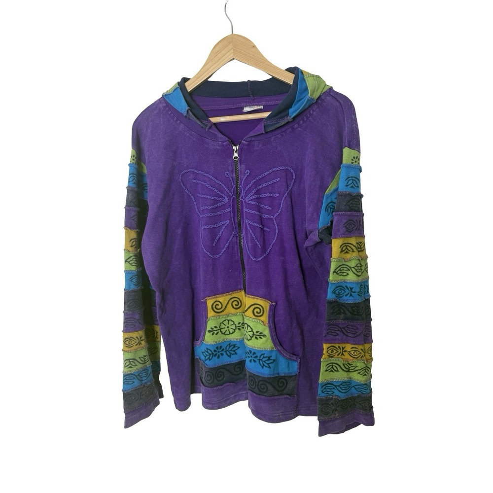 Greater Good butterfly  Zip Up Hoodie L/XL Rainbow Patchwork Hippie Boho